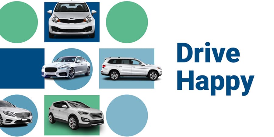 Various mid-level vehicles inside multi-colored circles and squares. To the right, the words: drive happy.