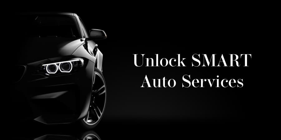 Front view of a luxury sports car with LED headlights in focus against a dark background. To the right, the words: unlock smart auto services.