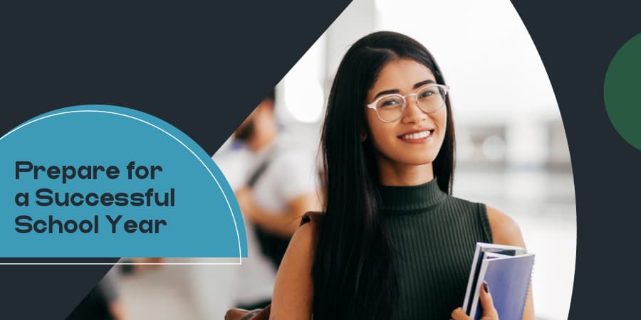 A happy young adult student female student holding books. At the left, the words prepare for a successful school year.
