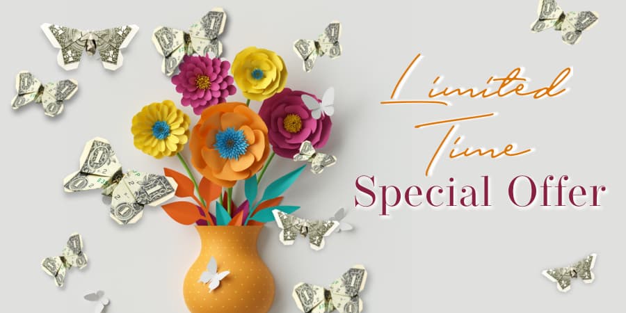 An illustration of a colorful flower arrangement surrounded by dollar bills. At the right, the words: limited time special offer.