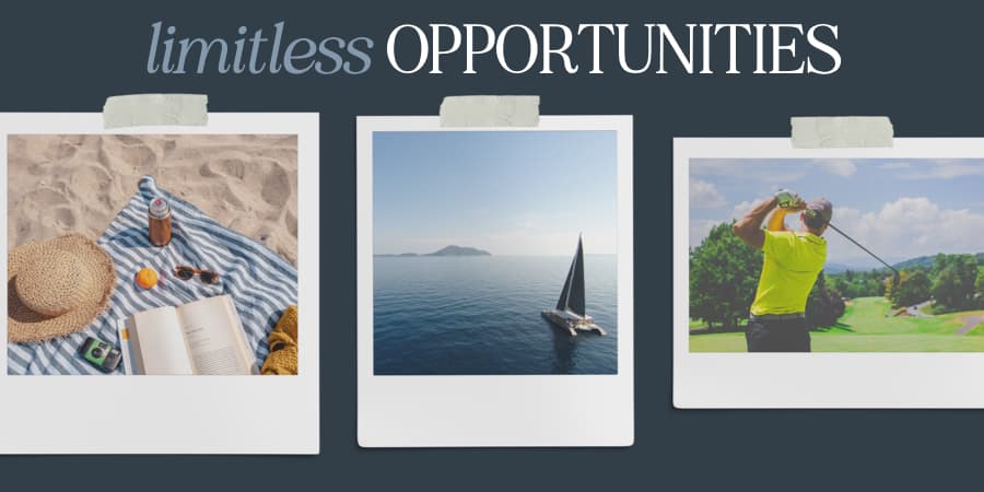A collage of a beach picnic, a sailboat and a golfer.