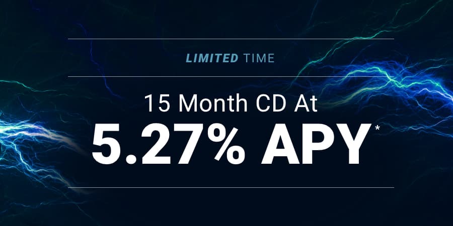 Electricity in the form of lightning looking electrical waves. At the center, the words: limited time 15 month cd at 5.27% APY*