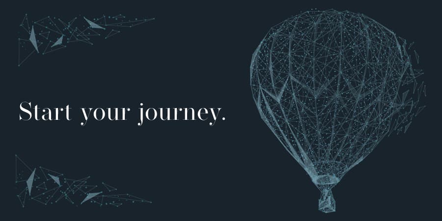 An illustration of a hot air balloon. At the left, the words: start your journey.