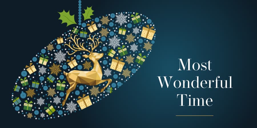 An illustration of an ornament composed of a reindeer surrounded by gifts and snow flakes. To the right, the words: most wonderful time.