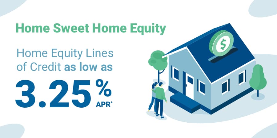 An illustration of a home with a couple standing in front. To the left, the words: home equity lines of credit as low as 3.25% APR*.
