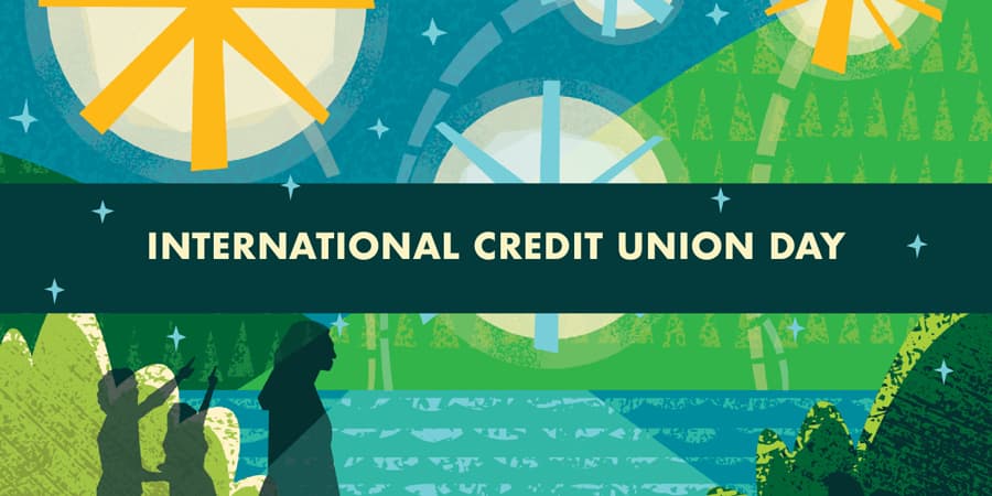 A mosaic of stars with silhouettes of people pointing at the sky. In the center, the words: International Credit Union Day.