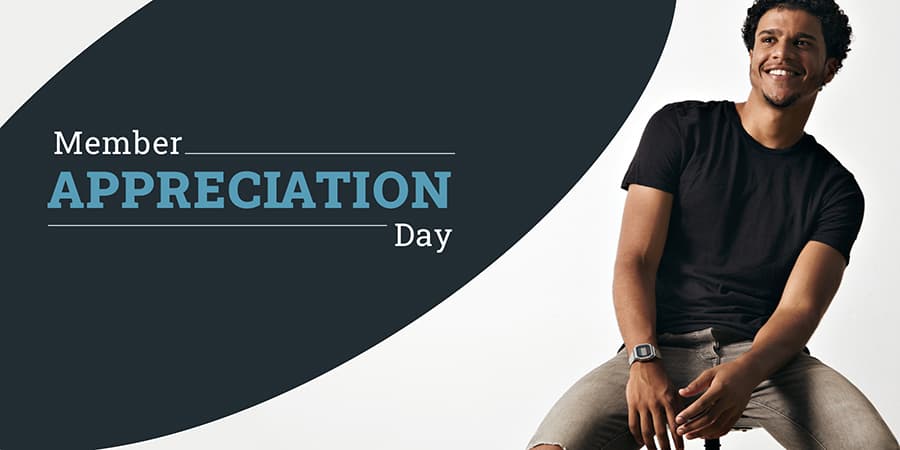 A young man sitting on a stool. At the left, the words: member appreciation day.
