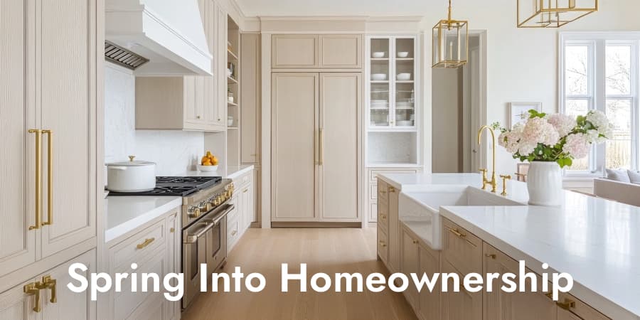 A beautiful, white, modern kitchen. At the bottom, the words: Spring Into Homeownership.