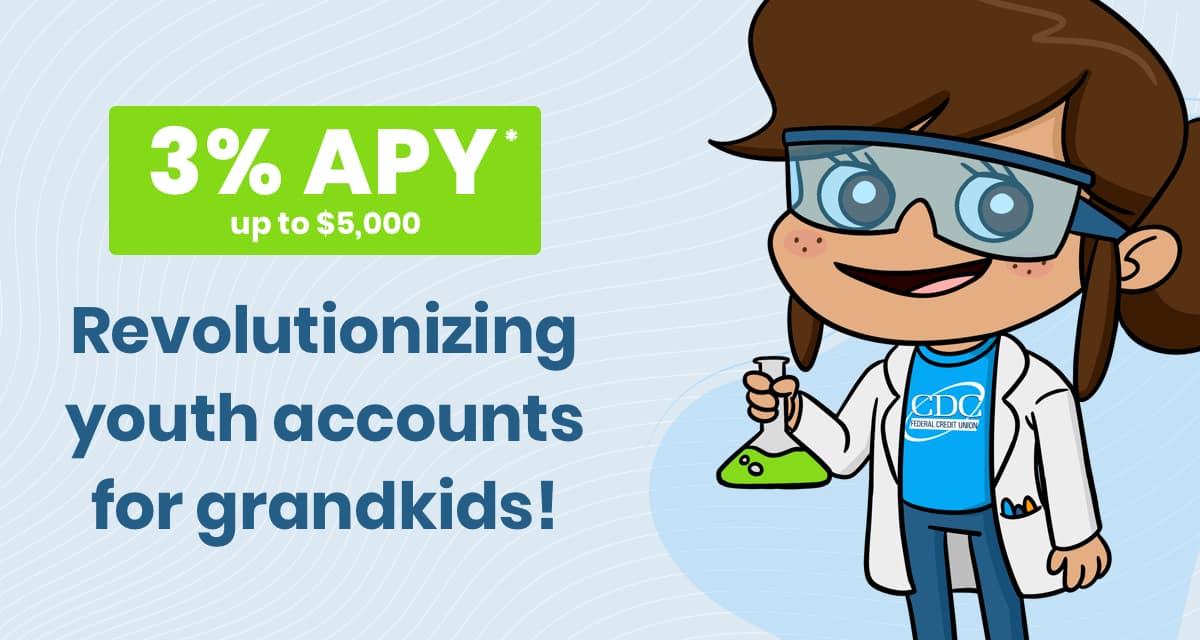 An illustration of a young girl scientist holding flask. To the left, the words: Revolutionizing youth accounts for grandkids!