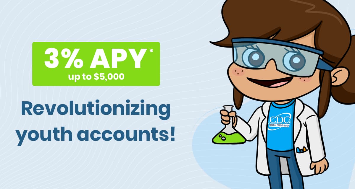 An illustration of a young girl scientist holding flask. To the left, the words: Revolutionizing youth accounts!