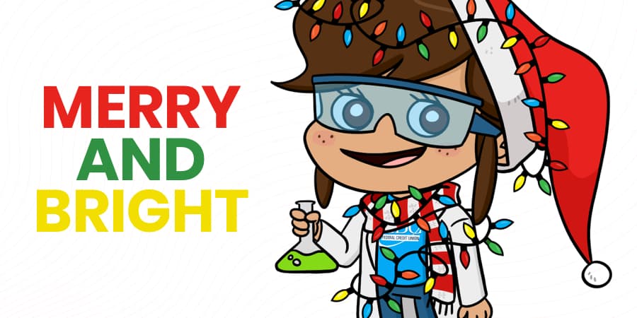 An illustration of a young girl scientist holding a flask and wearing a holiday hat. To the left, the words: Merry and bright