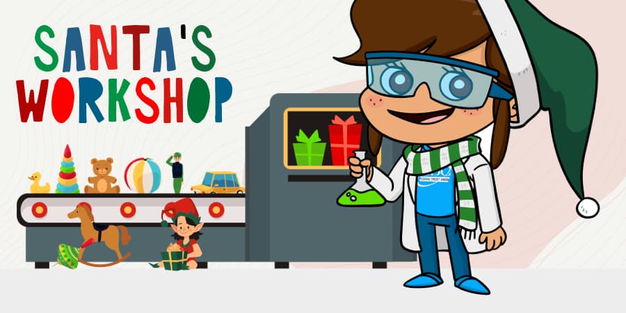 An illustration of the Next Generation Account mascot working an assembly line for toys. At the left, the words: santa's workshop.