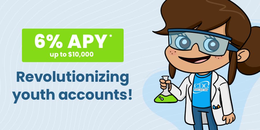 An illustration of a young girl scientist holding flask. To the left, the words: Revolutionizing youth accounts!