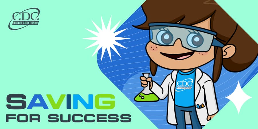 An illustration of a young girl scientist holding flask. At the botton left, the words: saving for success
