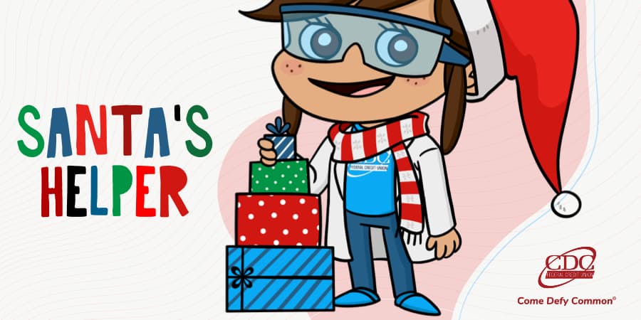 An illustration of the Next Generation Account&reg; mascot with a Santa hat standing over holiday gifts. At the left, the words: santa's helper.