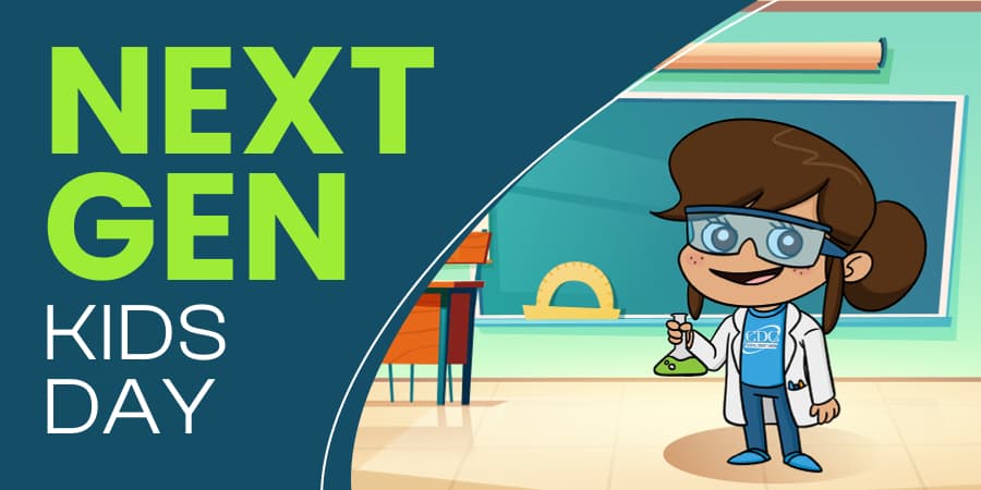 An illustration of the Next Generation Account&reg; mascot standing in a classroom. At the left, the words: Next Gen Kids Day.