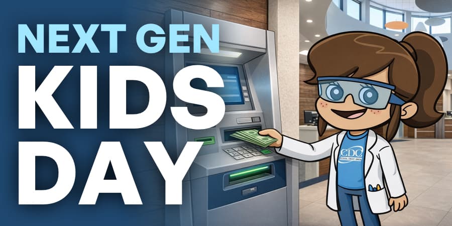 An illustration of the Next Generation Account mascot with cash at an ATM. At the left, the words: Next Gen Kids Day.