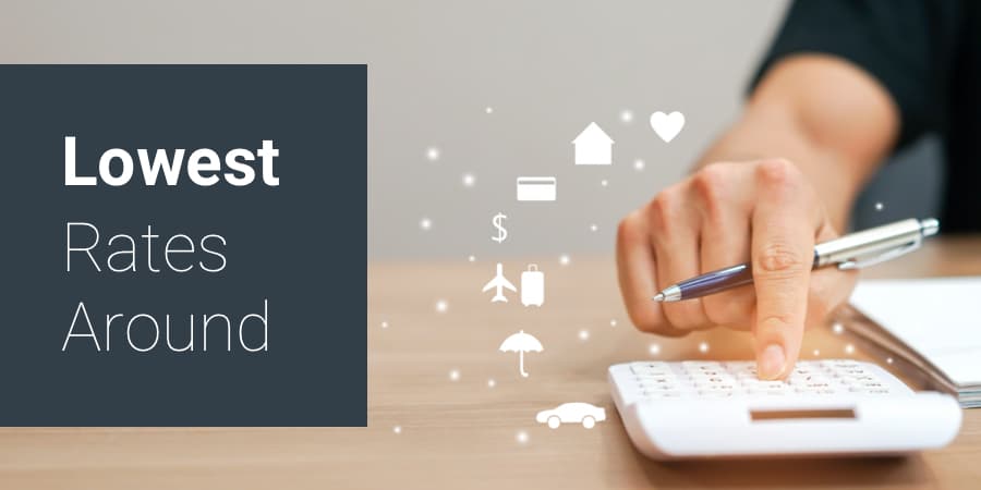 A hand using a calculator and sparkling financial icons around it. To the left, the words: lowest rates around.