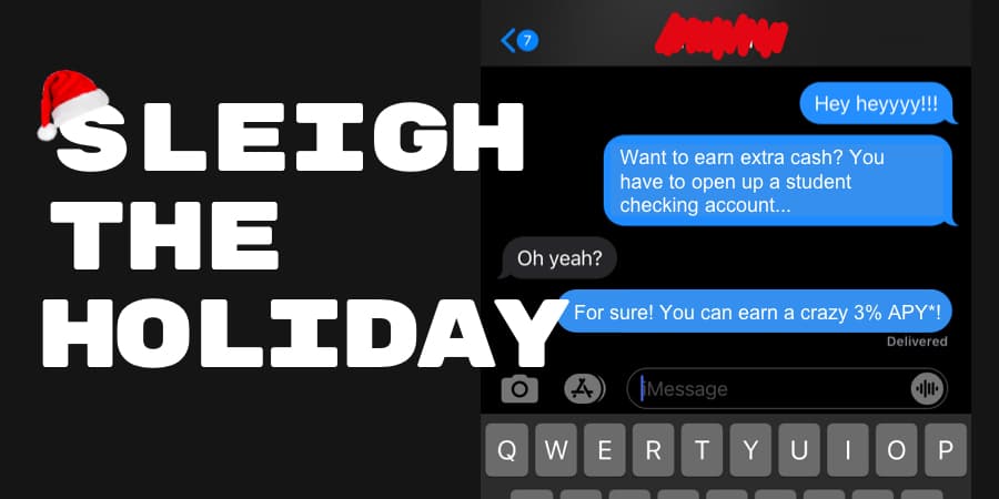 A screenshot of a text message chain showing a conversation promoting the benefits of a student checking account.