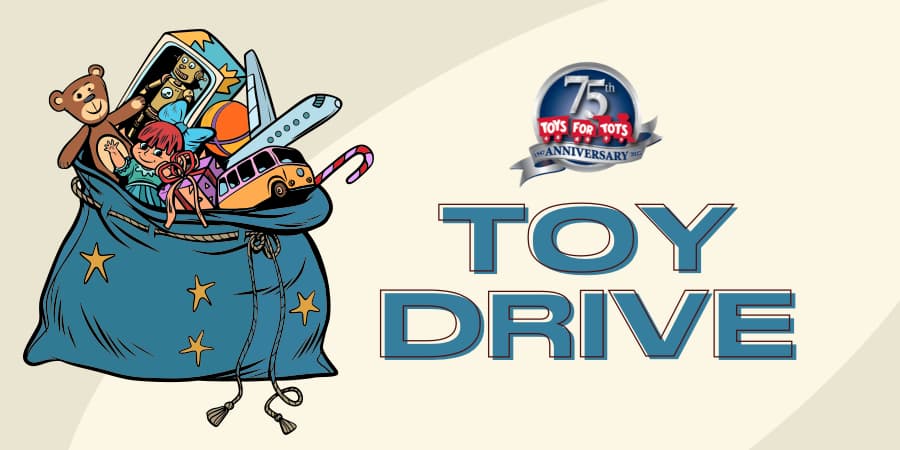 An illustration of a bag full of toys. To the right, the Toys for Tots logo and the words: toy drive.
