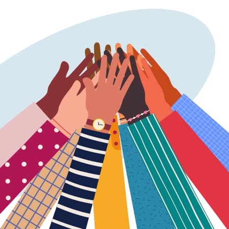 An illustrtion of a group of multi-national hands put together.