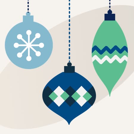 An illustration of three, multi-colored holiday ornaments.
