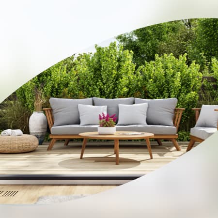 An outdoor patio with modern furniture.