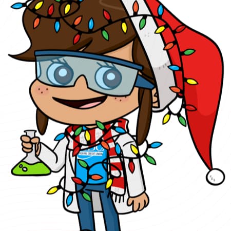 An illustration of the Next Generation Account&reg; mascot wearing a christmas hat and dressed in holiday lights.