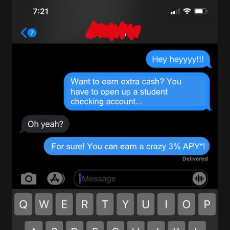 A screenshot of a text message chain showing a conversation promoting the benefits of a student checking account.