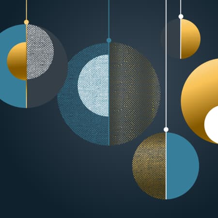 An illustration of modern holiday ornaments hanging from various colored strings.