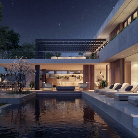 A view of a modern's home outdoor patio with a pool and with modern furniture.