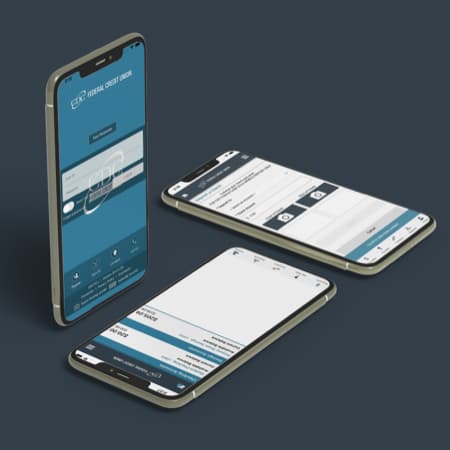 Three smartphones in portrait mode showing screenshots of the CDC FCU Mobile App.