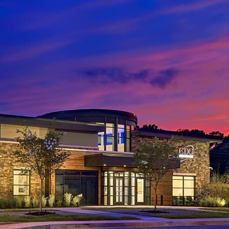 A curbside view of the new northlake branch at night.