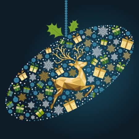 An illustration of an ornament composed of a reindeer surrounded by gifts and snow flakes.