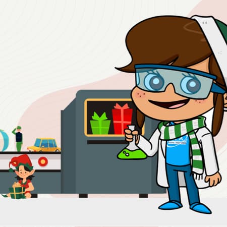An illustration of the Next Generation Account<sup>&reg;</sup> mascot working an assembly line for toys.
