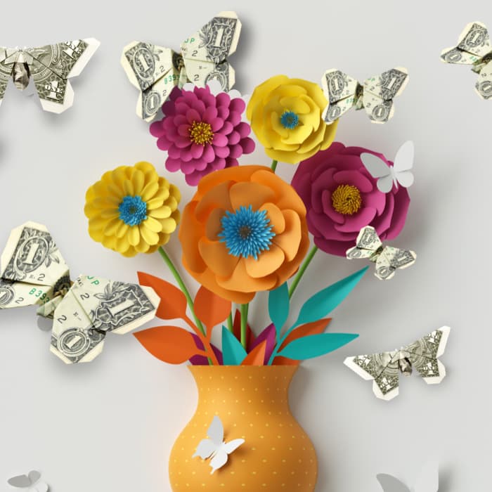 An illustration of a colorful flower arrangement surrounded by dollar bills.