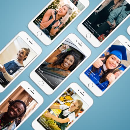 Three rows of smartphones showing pictures of students in various environments.