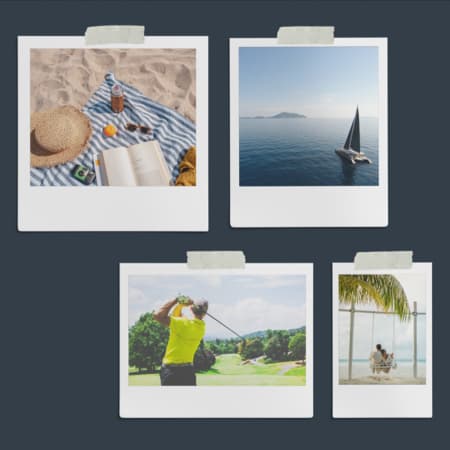 A collage of a beach picnic, a sailboat and a golfer.