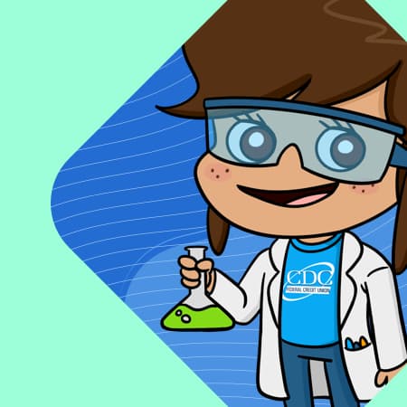 An illustration of the Next Generation Account&reg; mascot holding a flask.