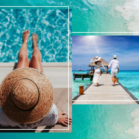 Two picture collage a woman sitting on a pool deck and a couple walking on a boardwalk on a beautiful sunny day over clear, blue water.