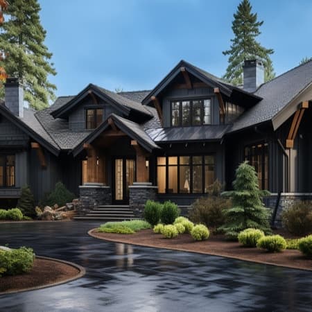 A beautiful modern dark siding and stone home.