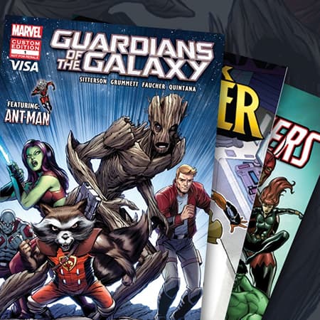 Three comic books spread out on top of each other over a comic backdrop.