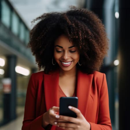 A happy African American career woman looking down at her mobile device.
