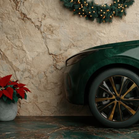 A poinsetta plant in front of a car parked against a textured beige wall.