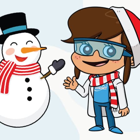 CeeDee, the Next Generation Account mascot, with a Santa hat standing to the right of Frosty the Snowman.