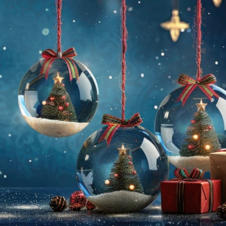 Three ornaments with Christmas trees inside and two gift boxes against a blue background.