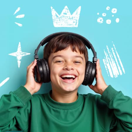 A smiling young boy with headphones on. Around him, hand drawn fun doodles.