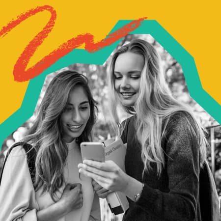 A black and white image of two female college students overlayed onto a yellow background with fun orange doodles.