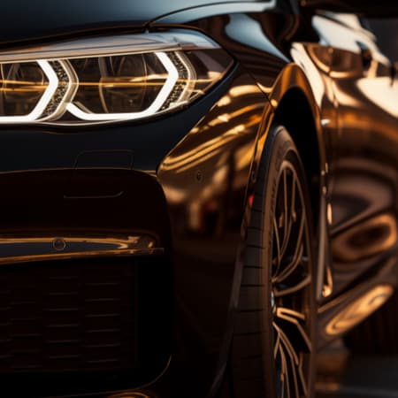 A close up of a black luxury vehicle in an urban setting at night.