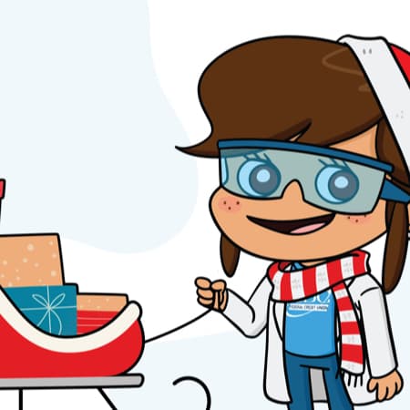 An illustrtion of the Next Generation Youth Account mascot with a sleigh full of gifts.